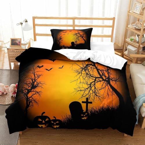 CCIZFMQ 3D Druck Bat witheren Baum Bettbezug Mit Kissenbezügen Kürbis Laternes Versteckter Reißverschluss, Für Teens, Weiche Quilt Cover Schlafzimmer Dekor Single（135x200cm） von CCIZFMQ