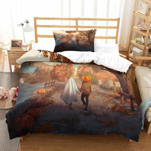 CCIZFMQ 3D Druck Halloween Mikrofaser Bettbezug Herbst Straße Mit Verstecktem Reißverschluss Und Kissenbezügen, Für Erwachsene Schlafzimmer Dekor Single（135x200cm） von CCIZFMQ