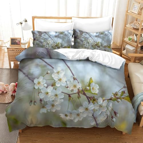 CCIZFMQ 3D Druck Kirschblüten Mikrofaser Bettbezug Weiße Blumen Mit Verstecktem Reißverschluss Und Kissenbezügen, Für Erwachsene Schlafzimmer Dekor Single（140x200cm） von CCIZFMQ