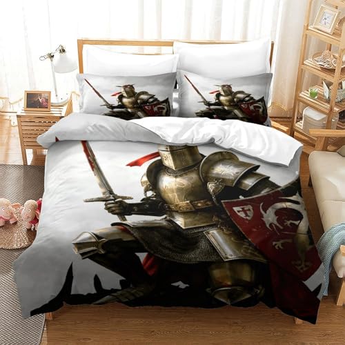 CCIZFMQ 3D Druck Medieval Ritter Bettbezug Mit Kissenbezügen Armor Versteckter Reißverschluss, Für Teens, Weiche Quilt Cover Schlafzimmer Dekor Double（200x200cm） von CCIZFMQ