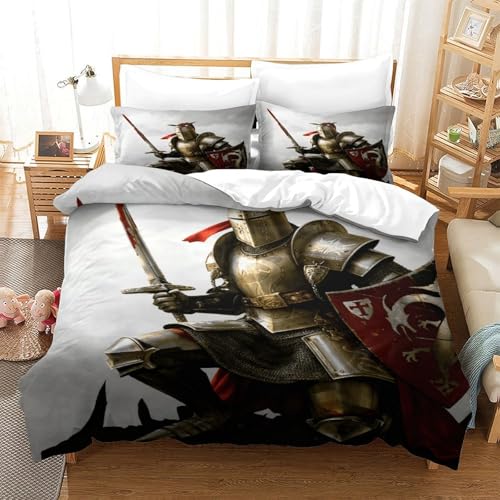 CCIZFMQ 3D Druck Medieval Ritter Bettbezug Mit Kissenbezügen Armor Versteckter Reißverschluss, Für Teens, Weiche Quilt Cover Schlafzimmer Dekor Single（140x200cm） von CCIZFMQ