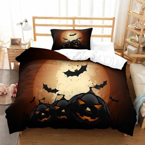 CCIZFMQ 3D Druck Vollmond Bettwäsche Set Bat Kürbis Laterne Mit Verstecktem Reißverschluss, Mikrofaser Für Kinder, Teens, Schlafzimmer Dekor Single（135x200cm） von CCIZFMQ