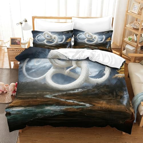 CCIZFMQ 3D Druck Weißer Drache Mikrofaser Bettbezug Mönch Antiker Tempel Mit Verstecktem Reißverschluss Und Kissenbezügen, Für Erwachsene Schlafzimmer Dekor Single（140x200cm） von CCIZFMQ