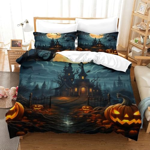 CCIZFMQ 3D Gedruckte Haunted Castle Bettbezug Set Jack-o'-Lantern Mit Verstecktem Reißverschluss, Mikrofaser Für Kinder, Jungen, Mädchen, Schlafzimmer Dekor Double（200x200cm） von CCIZFMQ