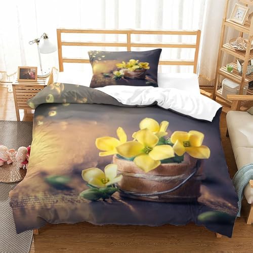 CCIZFMQ 3D Gedruckte Holzfass Bettbezug Set Gelbe Blume Mikrofaser Mit Reißverschluss, Für Kinder, Jungen, Mädchen, Bettwäsche Set Single（135x200cm） von CCIZFMQ