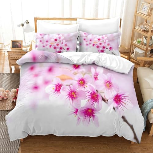 CCIZFMQ 3D Gedruckte Kirschblüte Branch Bettbezug Set Rosa Blumen Mit Verstecktem Reißverschluss, Mikrofaser Für Kinder, Jungen, Mädchen, Schlafzimmer Dekor Single（140x200cm） von CCIZFMQ