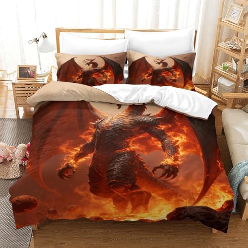 CCIZFMQ Der mythische Drache 3-teilige 3D Gedruckte Tröster Abdeckung Flame Mikrofaser Mit Reißverschluss, Für Moderne Schlafzimmer Dekor Double（200x200cm） von CCIZFMQ