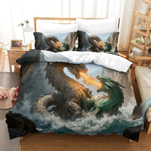 CCIZFMQ Doppeldrachenduell 3D Gedruckte 3-teiliger Komfortbezug Canyon Mit Kissenbezügen Versteckter Reißverschluss Für Erwachsene Schlafzimmer Dekoration King（220x240cm） von CCIZFMQ