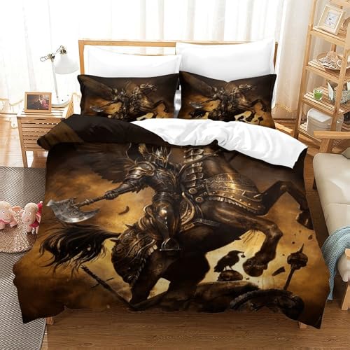 CCIZFMQ Fantasy Ritter 3D Gedruckte 3-teiliger Komfortbezug Warhorse Mit Kissenbezügen Versteckter Reißverschluss Für Erwachsene Schlafzimmer Dekoration Single（140x200cm） von CCIZFMQ