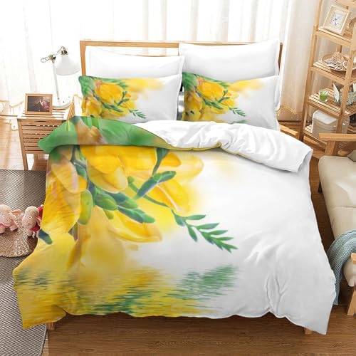 CCIZFMQ Gelbe Blumen 3D Gedruckte Mikrofaser Bettbezug Set Wasserreflektion Mit Verstecktem Reißverschluss, Für Teens, Schlafzimmer Single（140x200cm） von CCIZFMQ