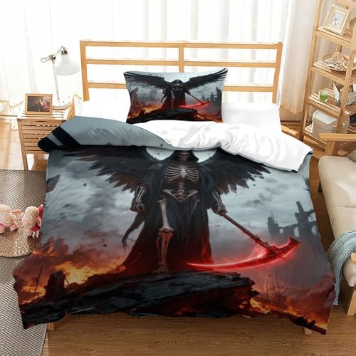 CCIZFMQ Grim Reaper 3D Druck Bettwäsche Set Schwarzer Flügel Mit Verstecktem Reißverschluss, Mikrofaser Für Moderne Schlafzimmer Dekoration Single（135x200cm） von CCIZFMQ