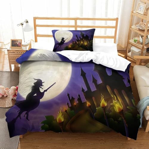 CCIZFMQ Halloween 3-teiliges 3D Druck Bettwäsche Set Hexenschloss Mikrofaser Mit Reißverschluss, Für Erwachsene Schlafzimmer Dekoration Single（135x200cm） von CCIZFMQ