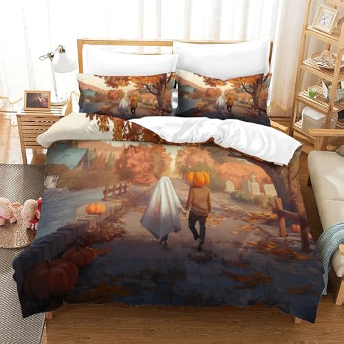 CCIZFMQ Halloween 3D Gedruckte Bettwäsche Set Herbst Straße Mit Verstecktem Reißverschluss Und Kissenbezug, Für Kinder, Teens Single（140x200cm） von CCIZFMQ