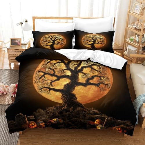 CCIZFMQ Halloween Baum 3D Druck Bettwäsche Set Kürbis Laternes Mit Verstecktem Reißverschluss, Mikrofaser Für Moderne Schlafzimmer Dekoration Super King（260x220cm） von CCIZFMQ