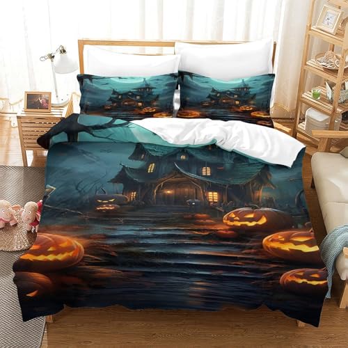 CCIZFMQ Halloween Haunted Haus 3-teiliges 3D Druck Bettwäsche Set Kürbis Laternes Mikrofaser Mit Reißverschluss, Für Erwachsene Schlafzimmer Dekoration Double（200x200cm） von CCIZFMQ