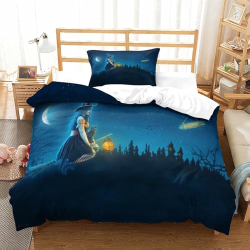 CCIZFMQ Halloween Hexe 3-teilige 3D Gedruckte Tröster Abdeckung Starry Sky Mikrofaser Mit Reißverschluss, Für Moderne Schlafzimmer Dekor Single（135x200cm） von CCIZFMQ