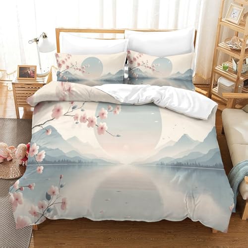 CCIZFMQ Kirschblüten 3-teiliges 3D Druck Bettwäsche Set Bergsee Mikrofaser Mit Reißverschluss, Für Erwachsene Schlafzimmer Dekoration Single（140x200cm） von CCIZFMQ