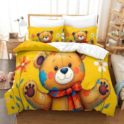 CCIZFMQ Kleiner Bär 3-teiliges 3D Druck Bettwäsche Set Bunte Blumen Mikrofaser Mit Reißverschluss, Für Erwachsene Schlafzimmer Dekoration King（220x240cm） von CCIZFMQ