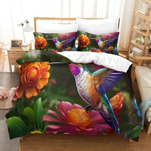 CCIZFMQ Kolibri 3-teilige 3D Gedruckte Tröster Abdeckung Bunte Blumen Mikrofaser Mit Reißverschluss, Für Moderne Schlafzimmer Dekor King（220x240cm） von CCIZFMQ