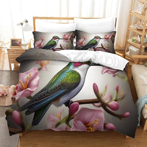 CCIZFMQ Kolibri 3-teiliges 3D Druck Bettwäsche Set Rosa Blumen Mikrofaser Mit Reißverschluss, Für Erwachsene Schlafzimmer Dekoration Double（200x200cm） von CCIZFMQ