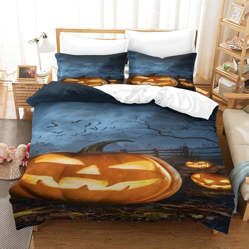 CCIZFMQ Kürbis Laterne 3D Gedruckte Mikrofaser Bettbezug Set Haunted Wald Mit Reißverschluss, Für Schlafzimmer, Schlafsaal Dekor Super King（260x220cm） von CCIZFMQ
