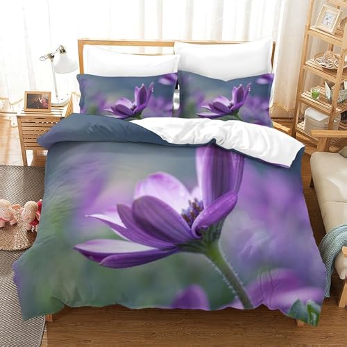 CCIZFMQ Lila Daisy 3-teiliges 3D Gedrucktes Trösterbezug Set Tautropfens Mit Kissenbezügen, Mikrofaser Für Moderne Schlafzimmer Dekor Double（200x200cm） von CCIZFMQ