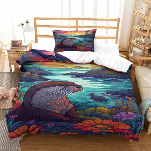 CCIZFMQ Otter 3D Druck Bettwäsche Set LightHaus Sunset Mit Verstecktem Reißverschluss, Mikrofaser Für Moderne Schlafzimmer Dekoration Single（135x200cm） von CCIZFMQ