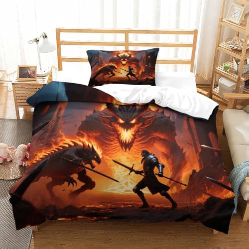 CCIZFMQ Ritter 3D Druck Bettwäsche Set Feuerlicher Dämon Mit Verstecktem Reißverschluss, Mikrofaser Für Moderne Schlafzimmer Dekoration Single（135x200cm） von CCIZFMQ