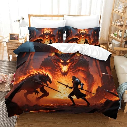 CCIZFMQ Ritter 3D Gedruckte Mikrofaser Bettbezug Set Feuerlicher Dämon Mit Verstecktem Reißverschluss, Für Teens, Schlafzimmer Double（200x200cm） von CCIZFMQ