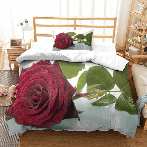 CCIZFMQ Rote Rose 3-teilige 3D Gedruckte Tröster Abdeckung Green Leaf Mikrofaser Mit Reißverschluss, Für Moderne Schlafzimmer Dekor Single（135x200cm） von CCIZFMQ