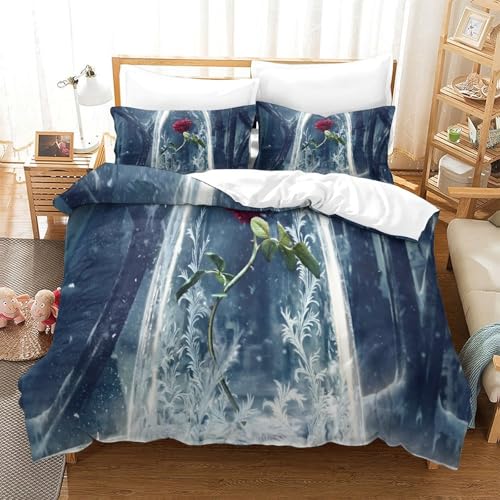 CCIZFMQ Rote Rose 3-teiliges 3D Gedrucktes Trösterbezug Set Glasabdeckung Mit Kissenbezügen, Mikrofaser Für Moderne Schlafzimmer Dekor Super King（260x220cm） von CCIZFMQ