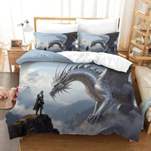CCIZFMQ Silver Drachen 3D Druck Bettwäsche Set Ritter Mit Verstecktem Reißverschluss, Mikrofaser Für Moderne Schlafzimmer Dekoration King（220x240cm） von CCIZFMQ