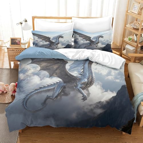 CCIZFMQ Silver Drachen 3D Druck Bettwäsche Set Sea of Clouds Mit Verstecktem Reißverschluss, Mikrofaser Für Moderne Schlafzimmer Dekoration King（220x240cm） von CCIZFMQ