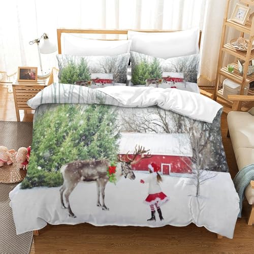 CCIZFMQ Snow Red House 3-teiliges 3D Gedrucktes Trösterbezug Set Girl Reindeer Mit Kissenbezügen, Mikrofaser Für Moderne Schlafzimmer Dekor Double（200x200cm） von CCIZFMQ