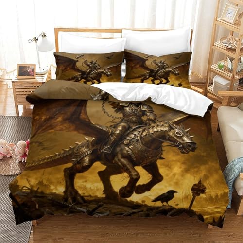 CCIZFMQ Warhammer Ritter 3D Gedruckte 3-teiliger Komfortbezug Doppelgeflügeltes Kriegspferd Mit Kissenbezügen Versteckter Reißverschluss Für Erwachsene Schlafzimmer Dekoration Double（200x200cm） von CCIZFMQ