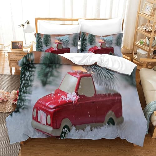 Christmas Tree 3-teiliges 3D Druck Bettwäsche Set Red Truck Mikrofaser Mit Reißverschluss, Für Erwachsene Schlafzimmer Dekoration Double（200x200cm） von CCIZFMQ