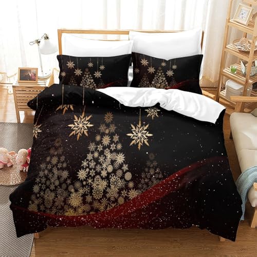 Christmas Tree 3-teiliges 3D Gedrucktes Trösterbezug Set Gold Snowflakes Mit Kissenbezügen, Mikrofaser Für Moderne Schlafzimmer Dekor King（220x240cm） von CCIZFMQ