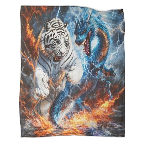 Drachen Tiger Fleecedecke Wohndecken Couchdecke Sofadecke 3D Druck Flamme Blitz Weichen Flauschig Tagesdecke Warm Kuscheldecke Bett Decken for Erwachsene Kinder 60x80inch(150x200cm) von CCIZFMQ