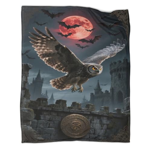 Eule Fleecedecke 3D Druck Blood Moon Schloss Wohndecken Couchdecke Sofadecke Kuscheldecke Tagesdecke Bett Decken Weichen Flauschig Warm for Erwachsene Kinder 50x60inch(127x152cm) von CCIZFMQ