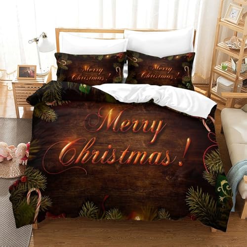 Merry Christmas 3D-Druck Bettbezug 3-teiliges Bettwäsche Set Pine Branches Versteckter Reißverschluss, Mikrofaser Für Kinder, Teens Single（140x200cm） von CCIZFMQ