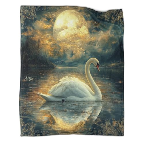 Weißer Schwan 3D Druck Moonlit See Couchdecke Wohndecken Sofadecke Fleecedecke Weichen Flauschig Tagesdecke Warm Bett Decken Kuscheldecke for Erwachsene Kinder 70x80inch(180x200cm) von CCIZFMQ