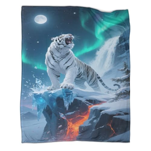 Weißer Tiger Sofadecke 3D Druck Nordlichter Decke Couchdecke Fleecedecke Kuscheldecke Warm Weichen Flauschig Decken Tagesdecke for Erwachsene Kinder 40x50inch(100x130cm) von CCIZFMQ