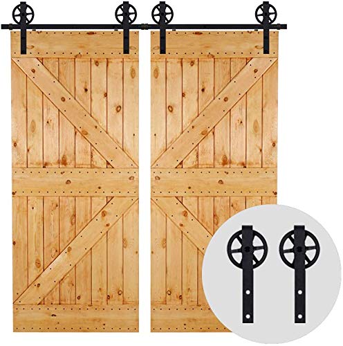 292cm/9.6FT Schiebe holztür,Schiebetürbeschlag Set Doppeltür Schiebetürsystem Zubehörteil,Schwarz-Big Spoke Wheel Sliding Barn Door Kit von CCJH