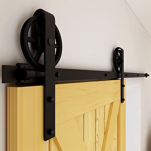 320cm/10.5FT Schiebetürbeschlag Set Schiebetürsystem Zubehörteil für Schiebetüren Innentüren, Schwarz/Sliding Barn Door Hardware Kit Big Spoke Wheel von CCJH