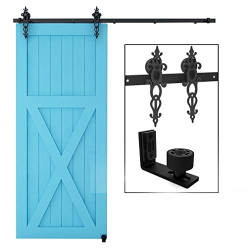 CCJH 4FT-122cm Schiebetuer Schiene Set Schiebetürbeschlag System Laufschiene Blütenform Roller Hanger Kit Mit Einstellbar Bodenführung Für eine Tür von CCJH