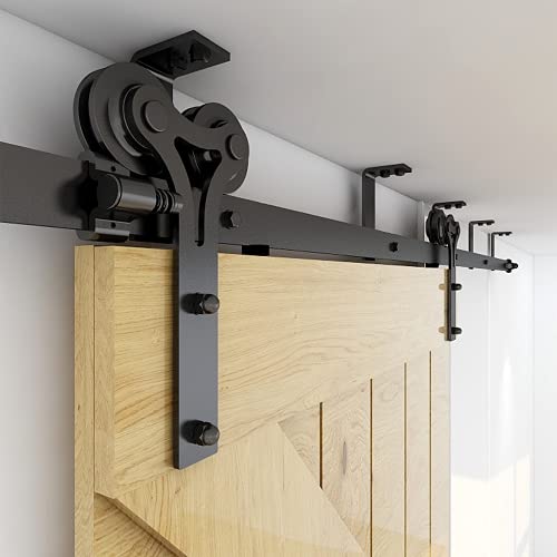 CCJH 5.5FT/167cm Schiebetürbeschlag Set Schiebetürsystem Deckenmontage Klammern Schwarz komplettes Set mit Y Form Laufrollen und Hängeschiene von CCJH