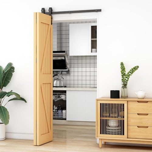 CCJH 5FT/152cm BI-Faltbar Schiebetürbeschlag Set Laufschienen für 2-Türen Schiebetür Schiebetürsystem Hängeschiene Holz (Keine Tür) von CCJH