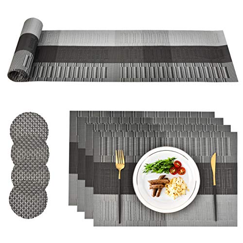 CCKOLE Platzsets PVC Abwaschbar, Tischsets Abgrifffeste Tischset Hitzebeständig, Platz-Matten Set 4 x Platzdeckche, 4 x Untersetzer und 1 x Tischläufer, Platzset für Küche, Restaurant, Schwarz grau von CCKOLE