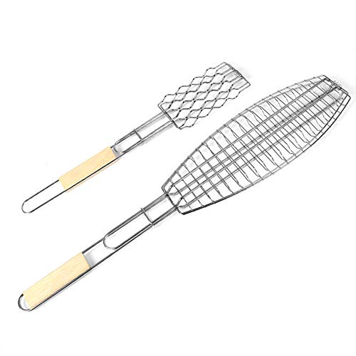 Edelstahl-BBQ-Grillkorb, Bratordner-Werkzeug mit hitzebeständigem Griff, tragbarer großer Grillständer für Fischwürste, C (Farbe: B) (C) von CCKUYT