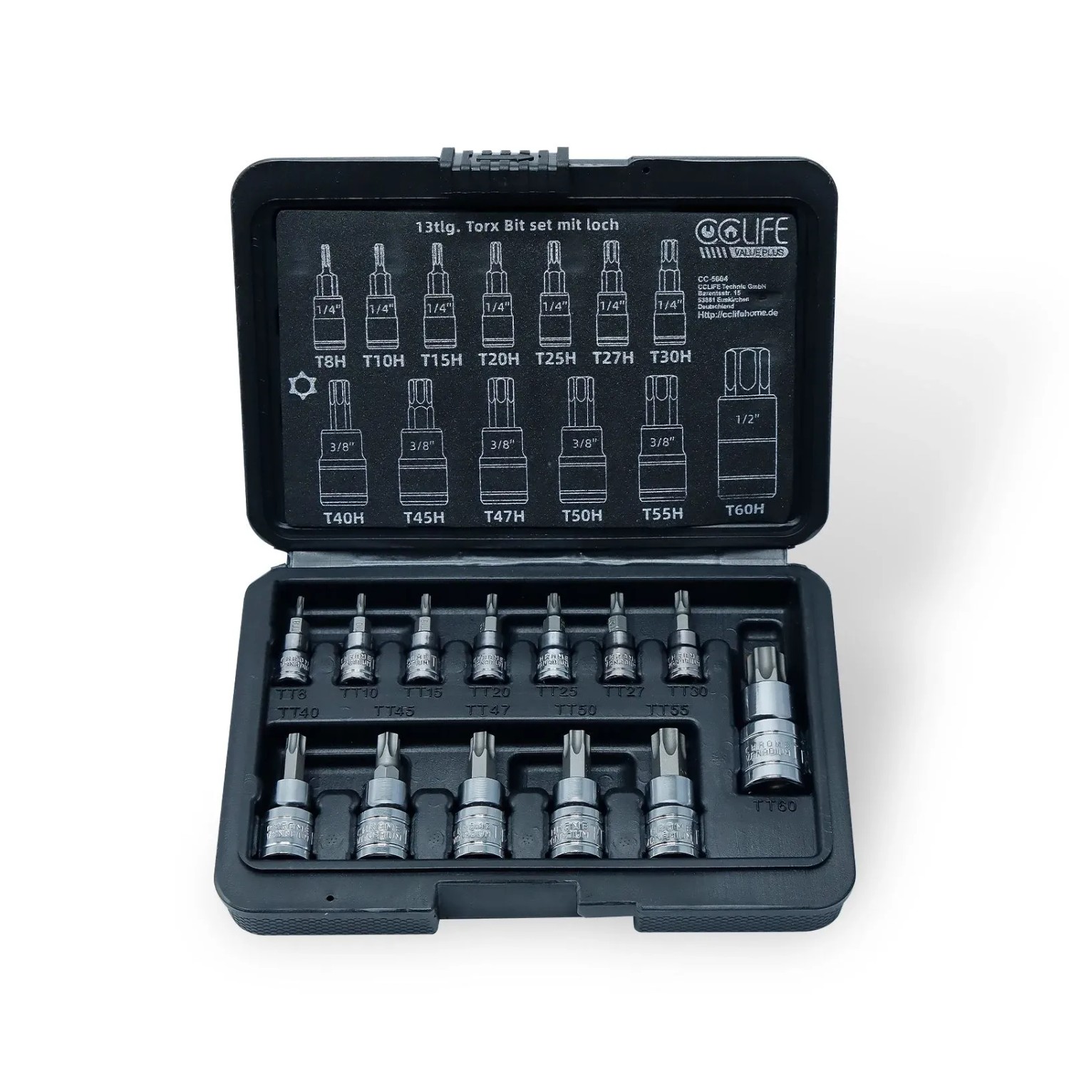 CCLIFE 13tlg Torx Bit Steckschlüsselsatz T8H - T60H Bit Set für Drehmomentschlüssel und Bohrer S2 Legierungsstahl von CCLIFE